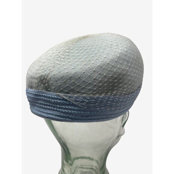 Ritz Henry Pollack Hat Dusty Blue Jewel Bow Band Baby Blue Net Cover Circa 60s - Picture 4 of 9